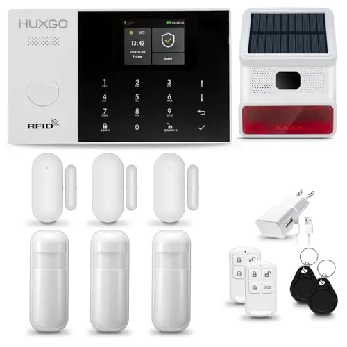 HUXGO® HXA005 Alarmanlage Haus WiFi + GSM mit Funk Sirene | Alarmanlage Wohnung mit App. TUYA | Alarm System mit 3X Bewegungsmelder, 3X Tür- Fenstersensor| Wohnmobil Alarmanlage