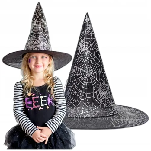 KRUMAD Halloween Hexenhut Damen Kinder, Schwarzer Hexenhut mit Spinnennetz Motiv, Spitzer Zaubererhut für Hexenkostüm, Karneval, Fasching, Party Deko Kostüm Zubehör