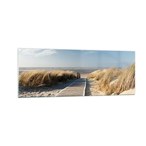 Panorama Bilder auf Glas Strand Meer Fußgängerbrücke Ufer Glasbild 140x50cm Wandbilder Dekoration Wohnzimmer Schlafzimmer Küche Groß XXL Wanddeko Bild im Glas Wand Kunstdruck Art Modern GAB140x50-2657