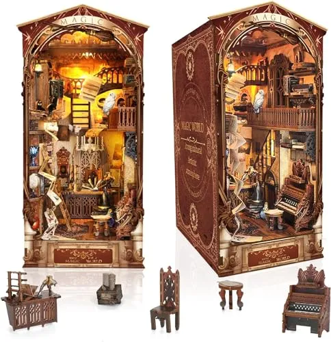 Book Nook Kit-DIY Miniatur Haus Kit,3D Holzpuzzle für Erwachsene | DIY Puppenhaus Häuser, Nook Bücherregal Einsatz Dekoration, mit Sensor Led Licht, Geschenk für Erwachsene (Magische Welt)