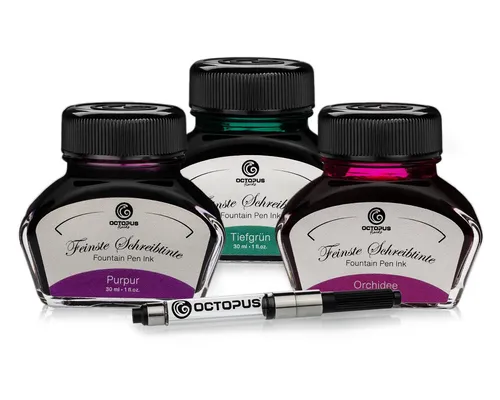 OCTOPUS Fluids 3 x 30ml Schreibtinte Set - Set mit 3 x 30 ml hochwertiger Schreibtinte in Purpur, Tiefgrün und Orchidee, inklusive Tintenkonverter für einfaches Nachfüllen. Ideal für Füllhalter und kreative Projekte.