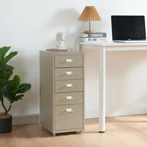 en.casa Rollcontainer »Kökar« mit 5 Schubladen - Praktischer Bürowagen in Kamelfarben, ideal für Ordnung im Büro, mobil durch Rollen und mit Etikettenhaltern für einfache Beschriftung.