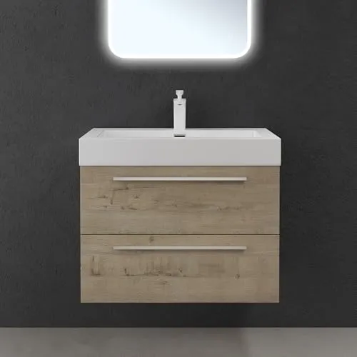 doporro Badmöbel-Set Waschbeckenunterschrank mit Soft-Close in Eiche Greige 73x48x60cm Waschplatz komplett Set inkl. Mineralguss-Waschbecken