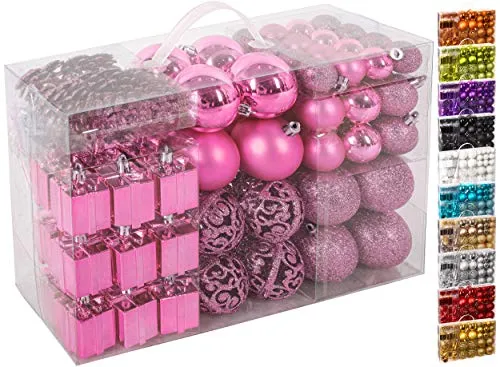 BRUBAKER 101-teiliges Set Weihnachtskugeln mit Baumspitze Rosa Christbaumschmuck