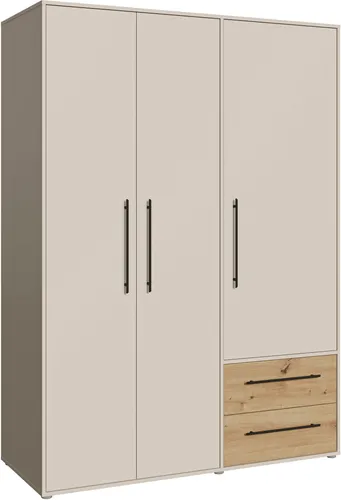 Kleiderschrank MOKKARIS – Praktisch & Stilvoll - Moderner Kleiderschrank mit 3 Türen, 3 Fachböden und 2 Schubkästen. Ideal für Ordnung und Platz, in ansprechendem Sand und Artisan Eiche Design.