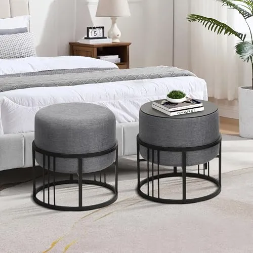 [en.casa] Hocker Tas multifunktionaler Sitzhocker 2er Set stapelbar Ottoman Beistelltisch rund 38 x 38 cm Fußhocker gepolstert Pouf Dunkelgrau