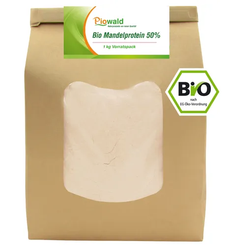 BIO Mandelprotein 50% - 1 kg Vorratspack - Pflanzenprotein aus kontrolliert biologischem Anbau, 50% Proteingehalt, ideal für Veganer und zur Kombination mit anderen Proteinen.