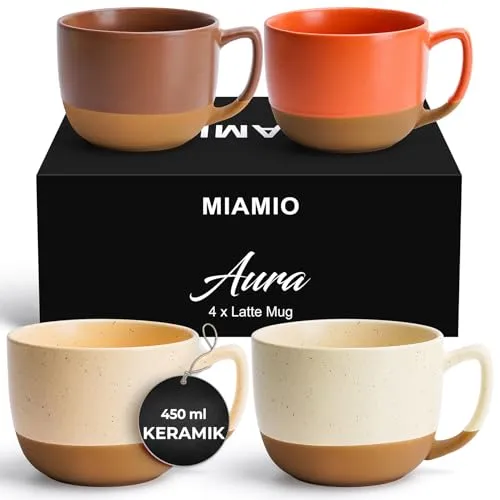 MIAMIO – Tassen 450 ml, 4er-Set Keramik-Latte Tassenset – Elegantes, modernes Kaffeetassen Set für Café, Tee, heiße Schokolade – Aura Kollektion (Gemütlich Neutral, Kaffeebecher (4x))