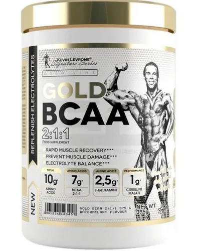 Kevin Levrone GOLD BCAA (375g) - Verzweigtkettige Aminosäuren - Kevin Levrone GOLD BCAA (2:1:1) in Pulverform, ideal für den Sport. Unterstützt die Muskelregeneration nach dem Training und bietet eine praktische Mischung für aktive Lebensstile.