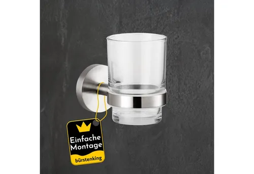 Bürstenking Zahnbürstenhalter mit Glasbecher – Edelstahl matt, wandmontiert, Serie 190, (Serie 190, Serie 190), Langlebig, rostfrei, platzsparend, modernes Design