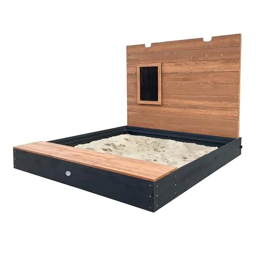 AXI Mandy XXL Sandkasten aus Holz mit Sitzbank, Stauraum, Deckel & Kreidetafel | Sandkasten in Anthrazit & Braun inklusive Bodeplane | 160 x 151 x 122,5 cm