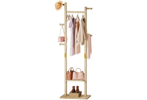 Yorbay Garderobenständer Holz Freistehend mit Ablagen und Haken - Multifunktionaler Kleiderständer aus hochwertigem Kautschukholz, ideal für Wohnzimmer oder Schlafzimmer. Bietet 5 Haken und 2 Ablagen für eine effiziente Raumnutzung und ist dabei stabil und langlebig.