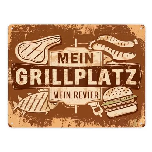 Grillplatz Vintage Metallschild XXL in 28x38 cm - Mein Revier Schild für das Grill-Revier perfekt für Steak Wurst und Fisch Fans