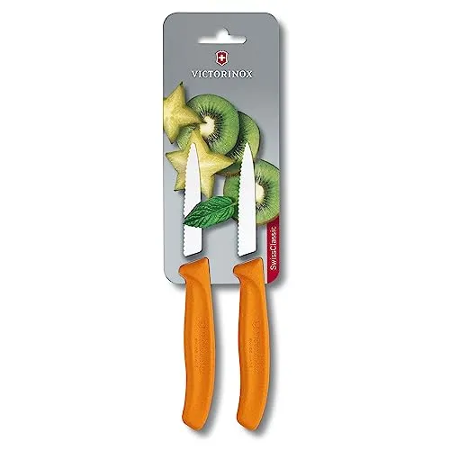 Victorinox Swiss Classic, Obst- und Gemüsemesser Set, 2teilig, Extra Scharfe Klinge, Wellenschliff, 8 cm, Robuster Kunststoffgriff, Rostfreier Stahl, Orange