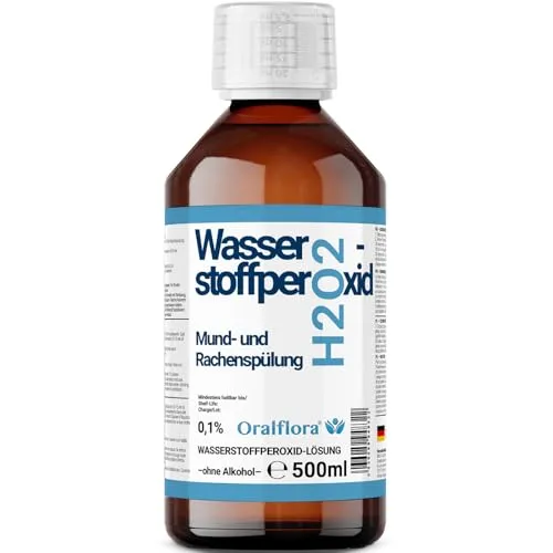 500ml Mundspülung H2O2 Wasserstoffperoxid 0,1% – alkoholfrei - Mundspülung mit 0,1% Wasserstoffperoxid, ohne Alkohol. Wöchentlich frisch hergestellt, ideal für tägliche Anwendung – für gesunde Zähne und frischen Atem.