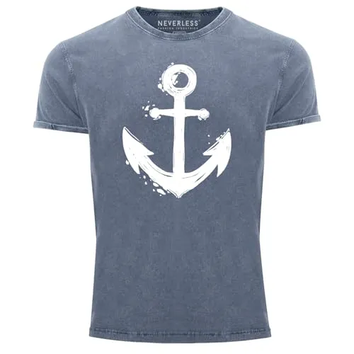 Neverless® Herren Vintage Shirt Anker Motiv Slim Fit Blau L - Stylisches Herren Shirt im lässigen Vintage Look mit auffälligem Anker-Print. Aus 100% Baumwolle gefertigt, bietet es hohen Tragekomfort und ein modernes Design – perfekt für alle, die dem Meer verbunden sind.