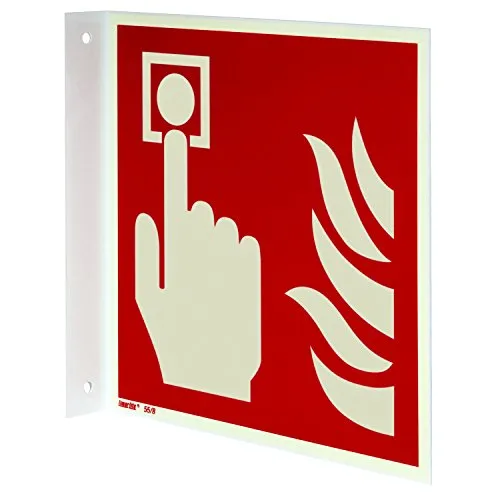 Brandmelder Fahnenschild 200 x 200 mm – Hart-PVC, langnachleuchtend, ISO 7010 F005 & ASR A1.3 – Brandschutzzeichen, nachleuchtendes Brandschutzschild, Made in Germany