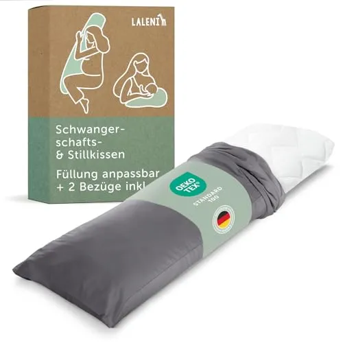 Laleni Schwangerschaftskissen 40x145 cm + 2 Bezüge | Oeko-TEX zertifiziertes Stillkissen Seitenschläferkissen | entlastendes Pregnancy Pillow | Kissen Seitenschläfer | Lagerungskissen + 2 Bezüge Grau