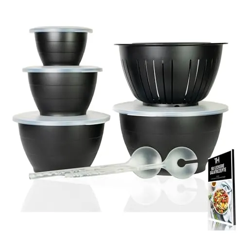 Thiru Salatschüssel Set 6-teilig - Schwarz - Rührschüsseln in 6 Größen (0,6L bis 4,4L) mit Deckel, Sieb und Besteck, ideal für Salate, spülmaschinenfest und platzsparend.