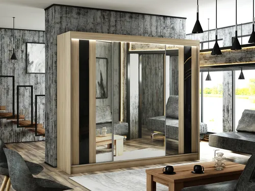 Kleiderschrank Cosmo 250 cm inklusive 3 Schiebetüren Lieferung bis in die Wohnung Kleiderstange Garderobe Schrank (Farbe: Eiche sonoma, Front Eiche sonoma, lacobel schwarz)