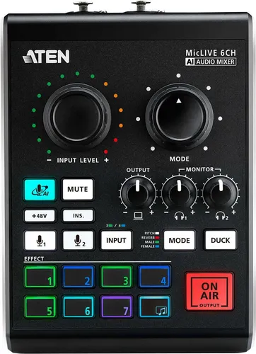 Aten UC8000 Podcast AI Audio Mixer MicLIVE 6-CH - Multimedia Audio Mischpult mit 6 Kanälen, ideal für Podcasts und Livestreams, bietet intelligente Audio-Optimierung für professionellen Klang.