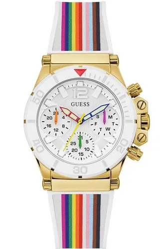Guess Quarzuhr GW0432L1 - Damen Armbanduhr mit 38 mm Edelstahlgehäuse, wasserdicht bis 5 ATM und einem auffälligen Regenbogenarmband für einen modischen Akzent.