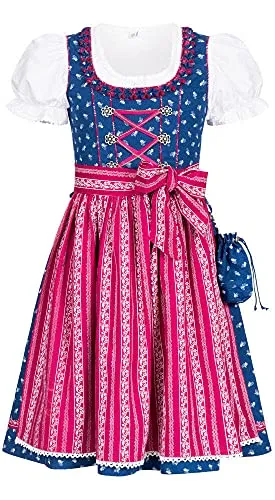 Nübler Dirndl Mädchen Dirndl Set DEMI - Traditionelles Dirndl Set für Kinder im bayerischen Stil, 3-teilig mit Kleid, Bluse und Schürze aus 100% Baumwolle - ideal für festliche Anlässe.