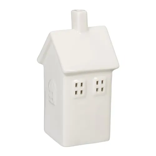 Relaxdays Teelichthaus Keramik, Leuchthäuschen für 1 Teelicht, H x B x T: 13,5 x 6,5 x 7 cm, Teelichthalter Haus, weiß