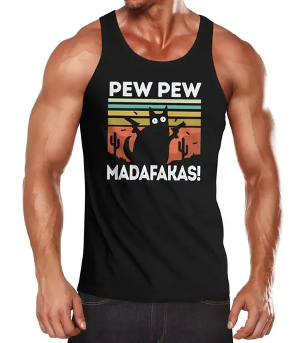 MoonWorks Tanktop Herren Tanktop Pew Pew Madafakas! schwarze Katze Spruch Meme lustig Muscle Shirt Achselshirt Moonworks® mit Print
