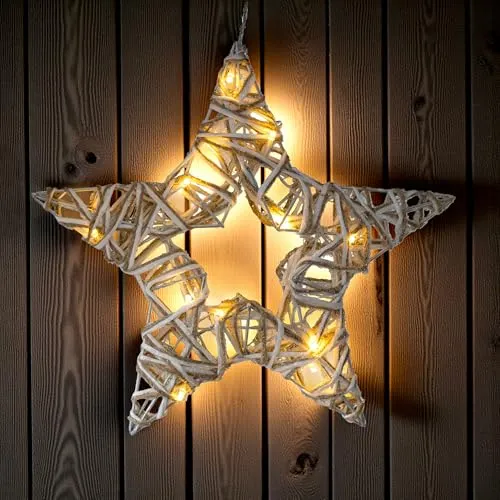 Rattan Stern zum Hängen warm weiß beleuchtet mit Timer - 35 cm - Weihnachtsstern Deko Leuchte 15 LED Batterie betrieben - Adventsstern Sternlampe Weihnachten Stimmungslicht Advent Dekoleuchte