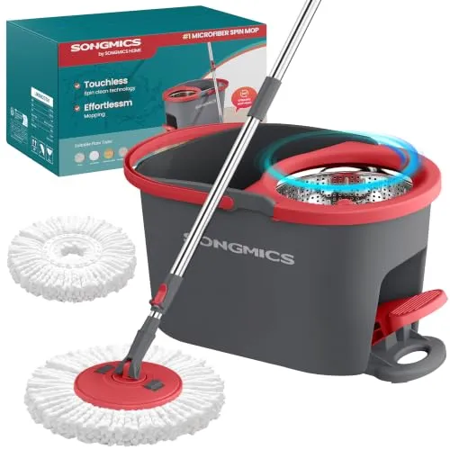 SONGMICS Wischmopp-Set mit Eimer und Schleuderfunktion, Teleskopstiel 122,5-150 cm, 360°-Drehkopf, grau-rot LMB002GT01