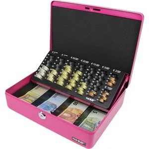 HMF Geldkassette 10015 - Pink, 30 x 9 x 24 cm mit Zählbrett - Card-Reader mit 8 Münzfächern und Zylinderschloss für sichere Aufbewahrung. Ideal für den Transport dank Schaumstoffeinsatz und herausnehmbaren Geldscheinfächern.