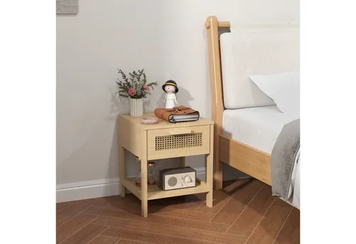 Okwish Nachttisch aus Holz mit Rattan-Design, 40x48,4 cm, Hellbraun - Moderner Nachttisch aus Holz mit stilvollem Rattan-Design. Praktische Schublade und Ablageflächen für persönlichen Stauraum. Ideal für Schlafzimmer und Wohnbereiche.