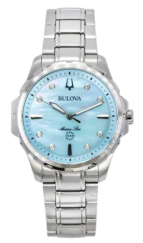 Bulova 96P248 Damenuhr Marine Star 38mm - Silber/Blau - Damenuhr mit Quarzwerk, kratzfestem Saphirglas und 10 ATM Wasserdichtigkeit. Elegantes Design mit perlmuttfarbenem Ziffernblatt und 8 Diamantindizes, ideal für stilbewusste Frauen.