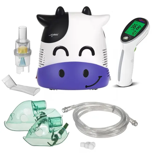 Kinder-Inhalator-Set mit Maske und Infrarot-Thermometer, Kuh - Inhalator-Set speziell für Kinder, inklusive Masken und einem praktischen Infrarot-Thermometer für eine einfache Anwendung.
