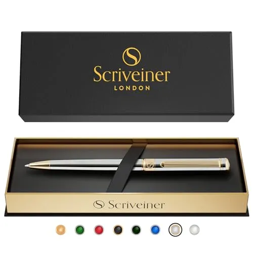Scriveiner hochwertiger Kugelschreiber in Silberchrom – Eleganter Luxus-Kuli, vergoldet mit echtem Gold, mit schwarzer Schmidt-Mine, ideales Geschenkset für Damen und Herren, eleganter Stift fürs Büro
