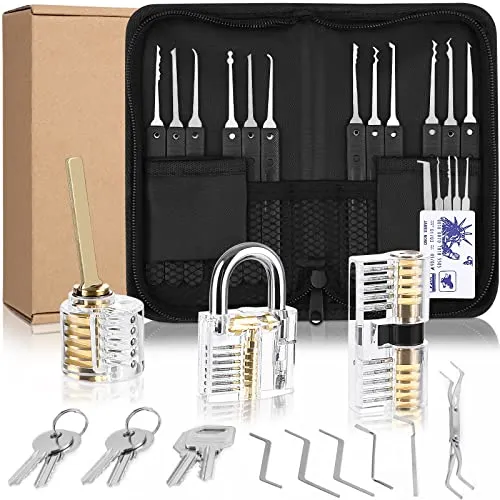 Lockpicking Set, 34 Stück Dietrich Set,3 Transparenten Übungsschlössern + Dietrich-Set + Anleitung zum Schlossöffnen für Anfänger und Profis,für Schlosserei, Anfänger und Profisrleicht