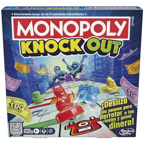 Monopoly Knockout - Familienspiel für Partys - Gesellschaftsspiel für 2 bis 8 Spieler, ideal für Partys und die ganze Familie. Schnelles, actionreiches Spiel mit 16 Schiebefiguren in 4 Farben und einem großen Spielbrett über 90 cm.