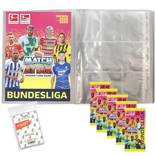 collect-it.de MY HOME OF CARDS + TOYS Exklusive Aufbewahrungshüllen im Bundle mit Topps Match Attax 2022/23-1 Leere Sammelmappe + 5 Booster + 1 seltene Nationalspieler Karte