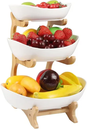 3-stöckiger Keramik-Obstkorb mit Bambusständer - Küchenregale – Eleganter, BPA-freier Obstkorb aus Keramik mit stabilem Bambusständer, ideal für stilvolle Aufbewahrung von Obst, Snacks und Dekoration.