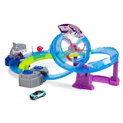 Dickie Toys - Auto-Rennbahn White Shark - Fahrzeug Spielsets für Kinder mit motorisiertem Hai und Looping, sorgt für Action und Nervenkitzel – ideal für kleine Rennfahrer ab 3 Jahren