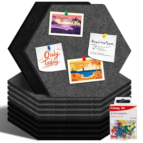 UTMACH Pinnwand Filz 8 Stück Groß 30x26cm Selbstklebend Schwarz Grau Hexagon Pinboard Mit Reißzwecken Filztafel Memo für Küche, Büro, Klas
