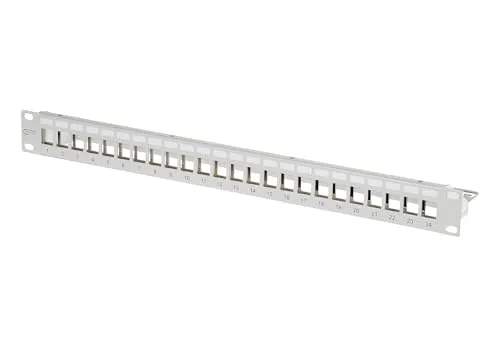 Metz Connect Patchpanel Keystone 24x grau leer 130926-0003KE - 19 Zoll Keystone Modulträger für 24 Ports, unbestückt und geschirmt, bietet optimale Erdung und Zugentlastung – ideal für professionelle Netzwerkinstallationen.