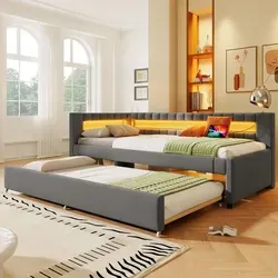 Polsterbett mit Lattenrost, Gästebett, USB und Type-C Anschlüssen, 90x200cm, Schlafsofa, Einzelbett, Leinen - Grau