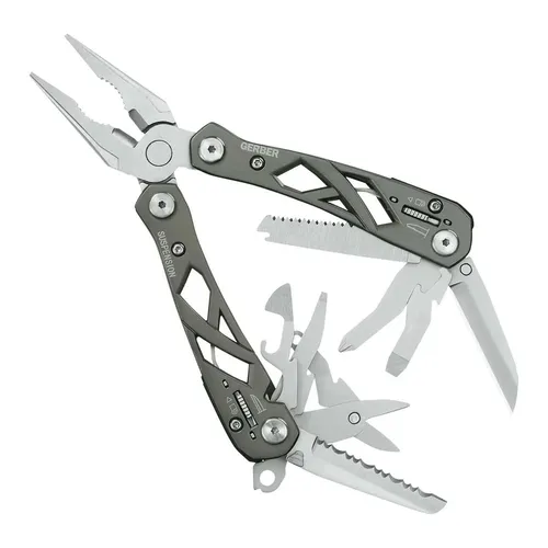 Gerber Suspension Multi-Tool 1003720 - Multifunktionswerkzeug mit 12 Funktionen, ideal für Outdoor-Aktivitäten und Ausflüge. Robuste Konstruktion mit gefederten Griffen und handlichem Nylon-Holster.