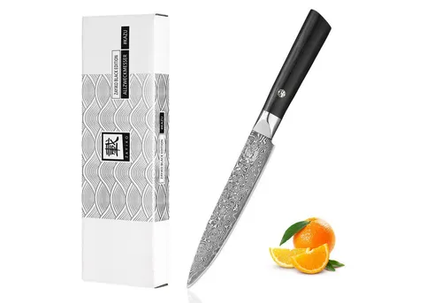 Zayiko Allzweckmesser 13 cm aus Damaststahl - Küchenmesser mit 13 cm Klinge aus 67 Lagen Damaststahl, ideal für Profis und Hobbyköche. Der elegante Pakkaholzgriff sorgt für eine zeitlose Note und perfekte Handhabung in jeder Küche.
