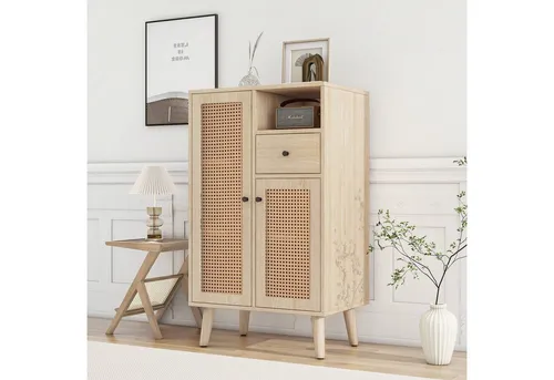 HAUSS SPOLE Sideboard 60*40*101cm mit 2 Rattantüren, 1 Schublade, großem Stauraum, Natur
