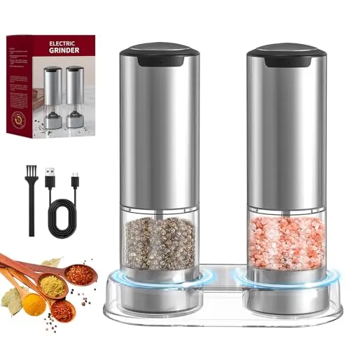 TAVADA Salz und Pfeffermühle Elektrisch 2er Set, Wiederaufladbare Elektrische Salz und Pfeffermühle Set, 5 Einstellbare Mahlgrade, Automatische Gewürzmühle USB, mit LED-Licht und Reinigungsbürste