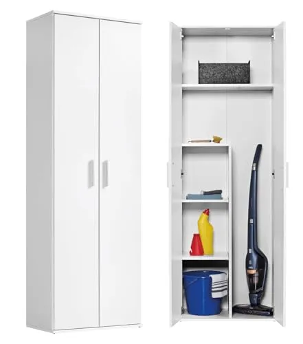 mokebo Mehrzweckschrank Der Lange mit Staubsaugerfach in Weiß - Mehrzweckschrank mit 4 variablen Einlegeböden, ideal für Putz- und Besenutensilien. Hergestellt in Deutschland, umweltschonend und klimaneutral geliefert.