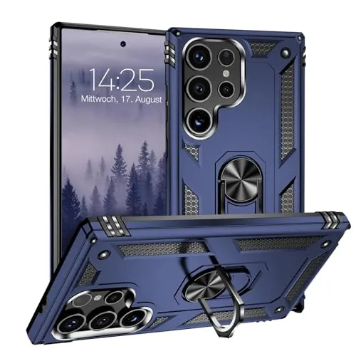 LBH Outdoor Hülle für Samsung Galaxy S24 Ultra Armor Militär Stoßfest Handyhülle 360 Grad Metal Ring Halter Ständer Schutzhülle für Handyhalterung Auto Magnet Blau
